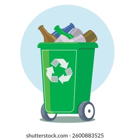 Wheeled recycling bin with glass bottles and metal cans. Waste management concept