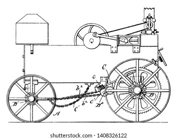 En el caso del motor de la carretera de rueda, el eje del cigüeñal está adaptado para rotar continuamente sobre las ruedas, el dibujo de la línea de vintage o la ilustración del grabado.