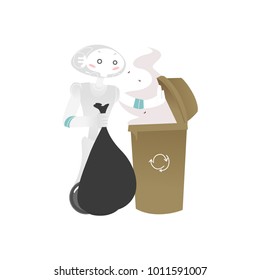 Wheeled robot assistant taking garbage out, throwing it into trash bin, artificial intelligence concept, flat cartoon vector illustration isolated on white background. Funny robot taking garbage out