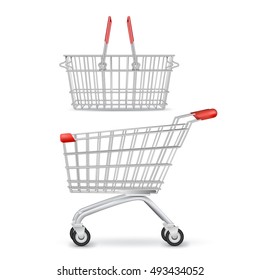 Wheeled Shopping Trolley And Basket Isolated