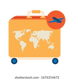 wheeled suitcase with airplane isolated icon vector illustration design