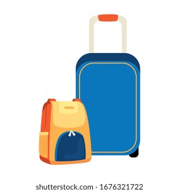 wheeled suitcase with backpack isolated icon vector illustration design