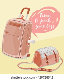 Wheeled suitcase and a shoulder bag with a pattern. Time to pack your bags. Pastel colors 