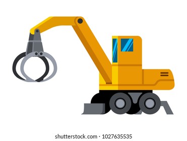 Wheeled timber handler minimalistic icon isolated. Forestry equipment isolated vector. Heavy equipment vehicle. Color icon illustration on white background.