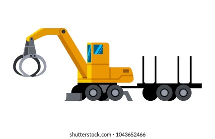 Wheeled timber handler with trailer minimalistic icon isolated. Forestry equipment isolated vector. Heavy equipment vehicle. Color icon illustration on white background.