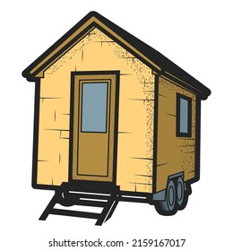 Wheeled tiny house or cabin trailer,  cute vehicle hovel front view, vector