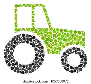 Wheeled Tractor collage of filled circles in various sizes and color tones. Circle elements are composed into wheeled tractor vector collage. Vector design concept.