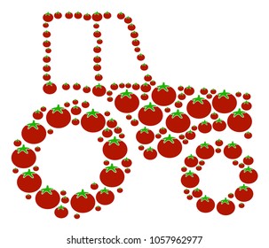 Wheeled Tractor collage of tomatoes in different sizes. Vector tomato symbols are united into wheeled tractor composition. Nutrition vector illustration.