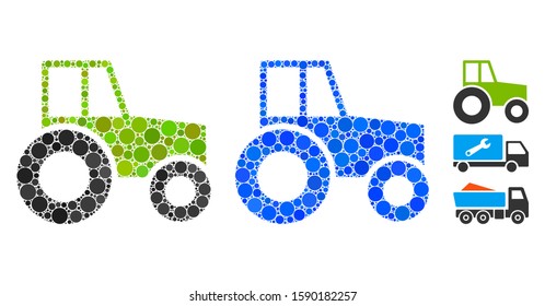 Wheeled tractor composition of filled circles in different sizes and color tints, based on wheeled tractor icon. Vector filled circles are organized into blue mosaic.
