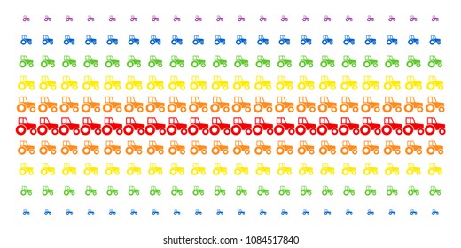 Wheeled Tractor icon rainbow colored halftone pattern. Vector objects organized into halftone matrix with vertical spectral gradient. Constructed for backgrounds, covers,