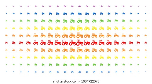 Wheeled tractor icon rainbow colored halftone pattern. Vector wheeled tractor pictograms are organized into halftone grid with vertical spectral gradient. Designed for backgrounds, covers,