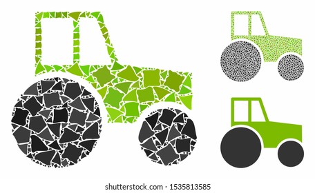 Wheeled tractor mosaic of bumpy parts in various sizes and color tints, based on wheeled tractor icon. Vector uneven parts are grouped into collage. Wheeled tractor icons collage with dotted pattern.