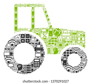 Wheeled Tractor mosaic icon created for bigdata and computing purposes. Vector wheeled tractor mosaics are composed from computer, calculator, connections, wi-fi, network,