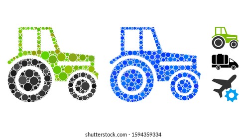 Wheeled tractor mosaic of round dots in variable sizes and color hues, based on wheeled tractor icon. Vector round dots are composed into blue mosaic.