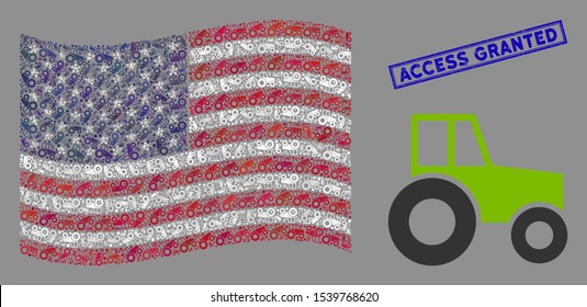 Wheeled tractor pictograms are combined into American flag mosaic with blue rectangle corroded stamp watermark of Access Granted text.