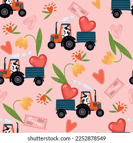 Wheeled tractor with trailer and hearts.Dog driver,flowers,envelope.Seamless pattern on pink.Background and texture for printing on fabric and paper.Cartoon flat style vector illustration.