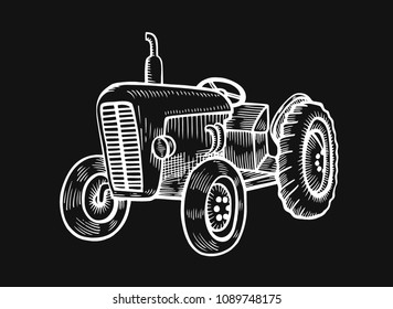 Wheeled tractor in vintage engraved style. Vector hand drawn illustration isolated on black background.