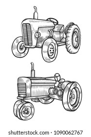 Wheeled tractor in vintage engraved style. Vector hand drawn illustration isolated on white background.