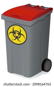 Wheeled trash can with a closed red lid with the round and yellow biohazard warning symbol isolated on a white background
