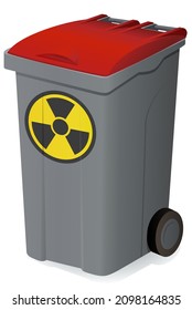 Wheeled trash can with a closed red lid with the round yellow radiological hazard warning symbol isolated on a white background