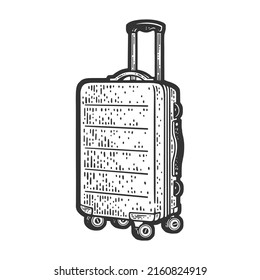 Wheeled travel luggage suitcase with wheels baggage sketch engraving vector illustration. T-shirt apparel print design. Scratch board imitation. Black and white hand drawn image.