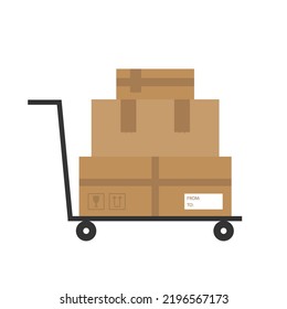 Wheeled trolley full of cardboard boxes. Heavy packages shipping. Logistic, transportation, warehouse concept. Vector icon, illustration.