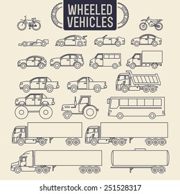 Wheeled vehicles. Transport outline icons set