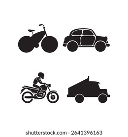 Wheeled Vehicles Transport. Simple Related Vector Icons Set. Black Flat Illustration on White Background.