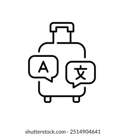 Roller Gepäck und Fremdsprachen Sprechblasen. Austauschprogramme für Studierende reisen. Pixel perfektes Vektorsymbol