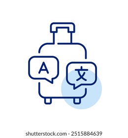 Roller Gepäck und Fremdsprachen Sprechblasen. Austauschprogramme für Studierende reisen. Pixel perfekt, bearbeitbares Strichsymbol