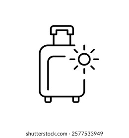 Wheeler luggage suitcase and sun. Beach holiday, travel getaway. Pixel perfect vector icon