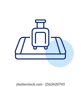 Wheeler suitcase on isometric phone. Travel apps, booking flights or hotels at one click. Pixel perfect, editable stroke icon