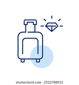 Mala Wheeler e diamante brilhante. Suprimentos de viagem high-end e serviço de voo premium. Ícone de vetor perfeito de pixel