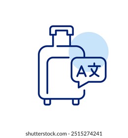 Wheeler suitcase and speech bubble with languages symbol. Learning foreign languages for travel. Pixel perfect, editable stroke icon