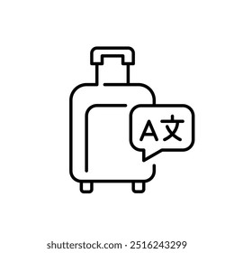 Wheeler suitcase and speech bubble with languages symbol. Learning foreign languages for travel. Pixel perfect vector icon