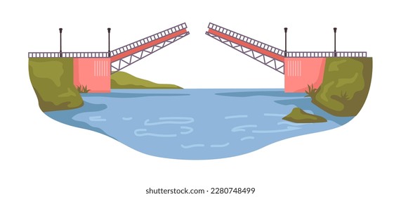 Wheelhouse opening bridge for ships and ferries. Modern architectural construction across river or wide water mass. City infrastructure. Vector in flat style