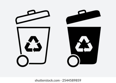 Wheelie bin icon. Dumpster icon, trash can symbol with recycle sign on white  background