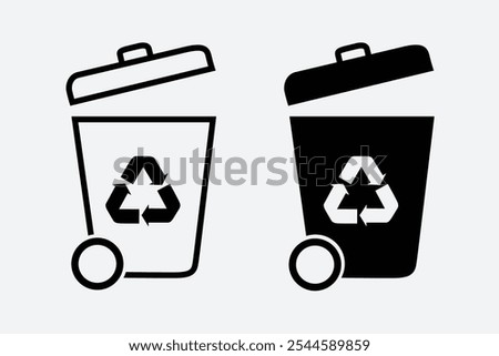 Wheelie bin icon. Dumpster icon, trash can symbol with recycle sign on white  background
