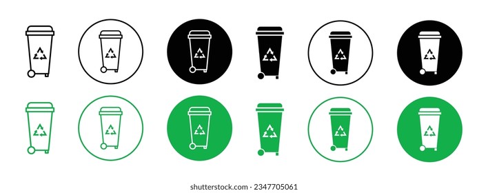 conjunto de iconos de la papelera de ruedas. símbolo del vector de la papelera del contenedor de reciclaje de basura en color negro y verde rellenado y delineado.