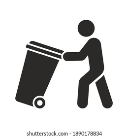 Wheelie bin icon. Waste collection day. Man putting his bin out for collection. Vector icon isolated on white background.