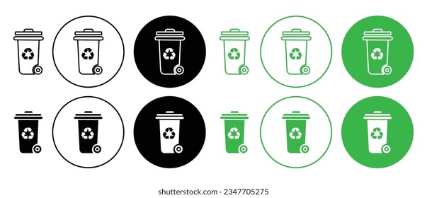 wheelie bin vector icon set in black and green color. garbage recycle container bin symbol.