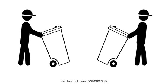 Wheelie bin. Waste collection day. Garbage bag and container. Waste bin or or litterbin. Garbage can, trash can. Trash or dust bin symbol.  Man putting his bin out for collection.