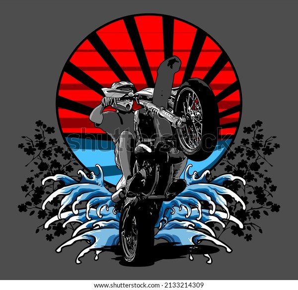wheelie motorbike\
with a touch of Japanese\
art