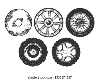 Wheels evolution sketch engraving vector illustration. Scratch board style imitation. Black and white hand drawn image.