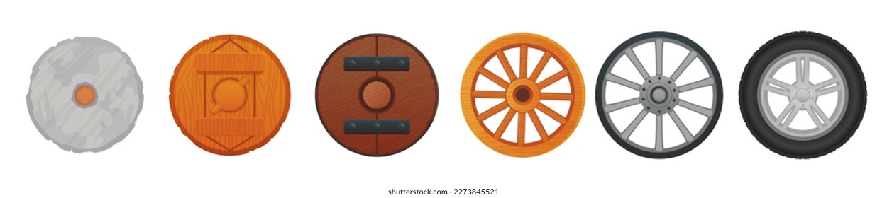 Wheels evolution. Wheel history from antique stone ring to car tire, rocks metal or wood rings old carriage, automobile transportation progress ingenious vector illustration of antique wheel evolution