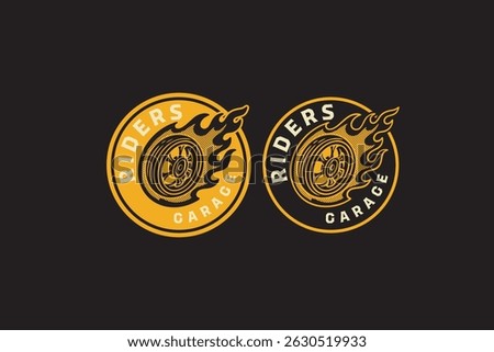 wheels with flame retro badge logo vector design set for garage, workshop, racing. tires and rims of vehicle with fire vintage emblem logo graphics. wheels burning illustration element designs