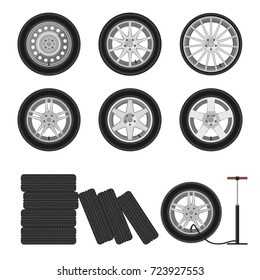 Wheels flat icons. Illustration of auto wheels and tire service.