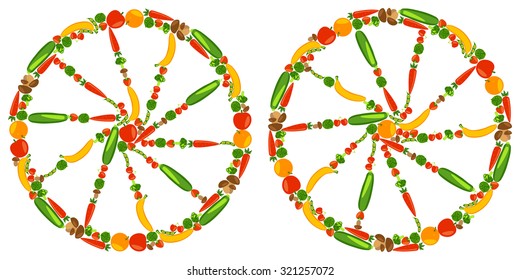Wheels with fruits, vegetables, berries and mushrooms. Healthy lifestyle. Vector color illustration
