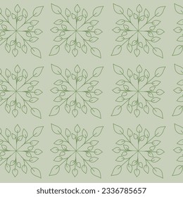 Wheels of green line art leaves are geometrically placed on a green background creating a seamless repeat pattern design.