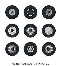 Ruedas de vehículos pesados neumático de goma de automóvil con vista lateral de disco cromado conjunto Ilustración vectorial realista. Equipo de transporte de neumáticos de llanta que conduce la carretera de la carrera del tráfico con diferente patrón